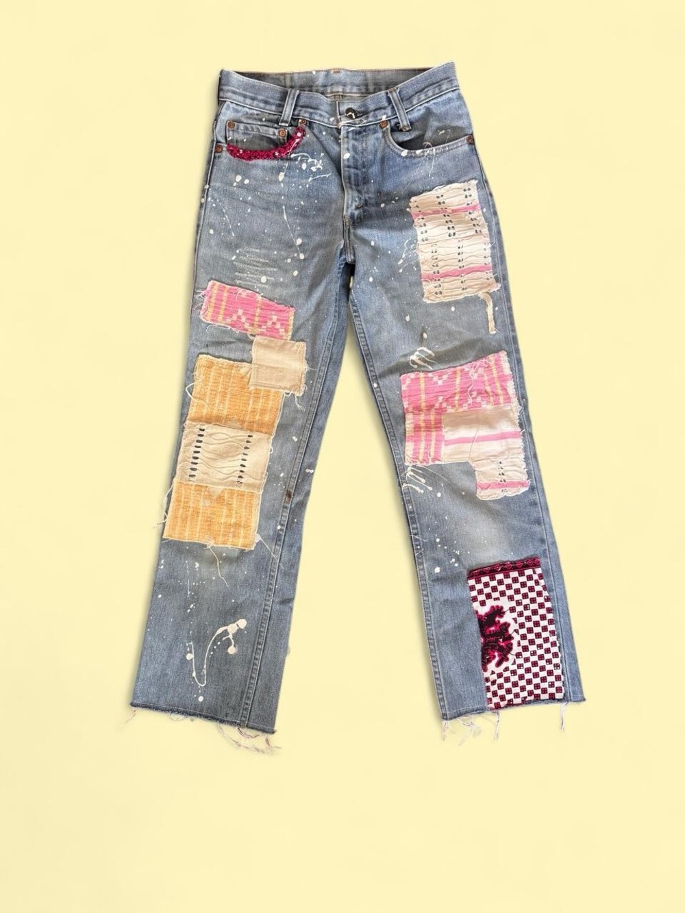 Levi's Blue Straight-Leg Jeans with Pink & Tan Patchwork